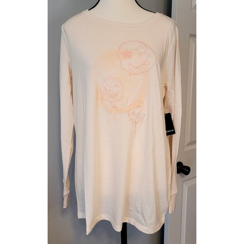 New Torrid Long Sleeve Embroidered Smiley Doodle Graphic Tee Shirt Plus 00 M/L